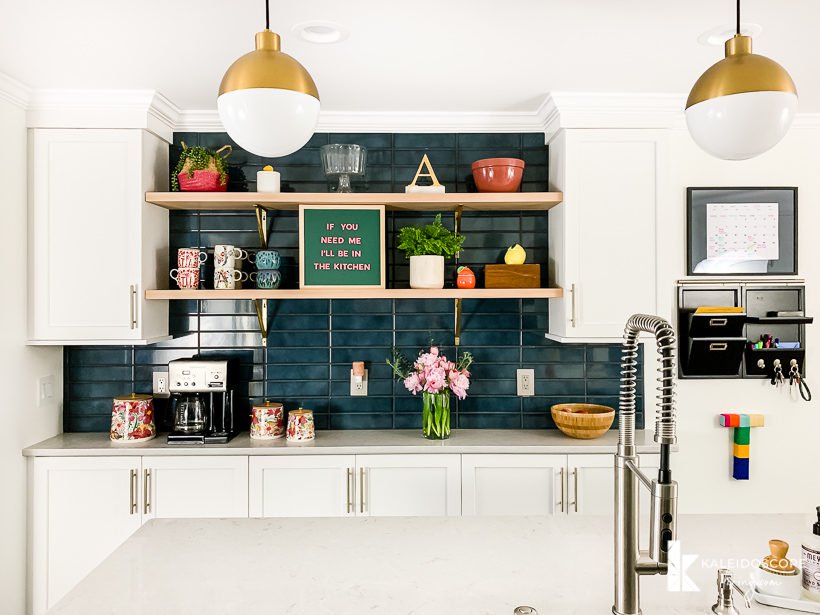 white and teal kitchen remodel after photo