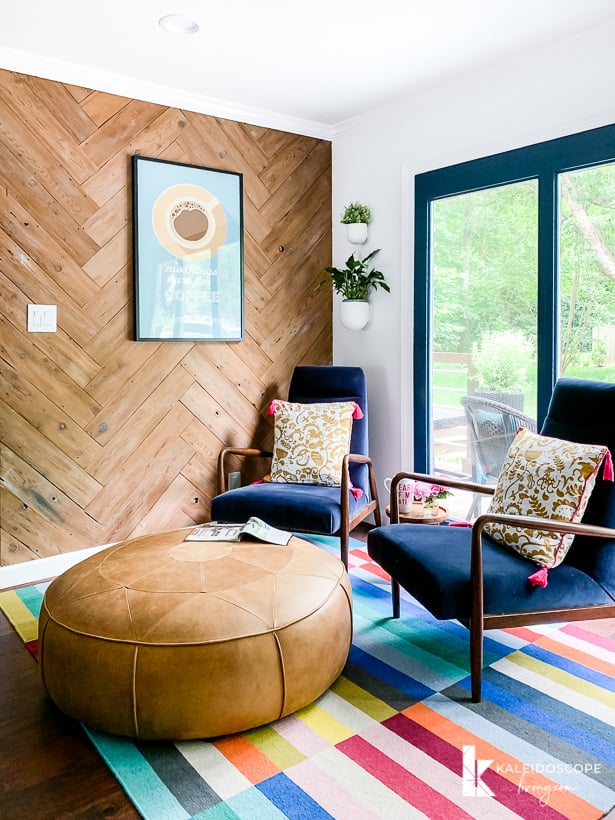 accent wall ideas- wood herringbone plank wall by Tasha Agruso of Kaleidoscope Living