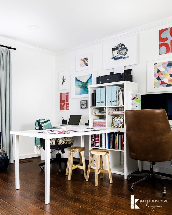 white home office with bright pops of color