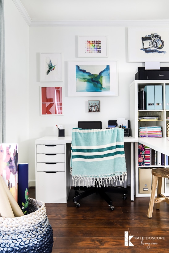 colorful home office with IKEA furniture