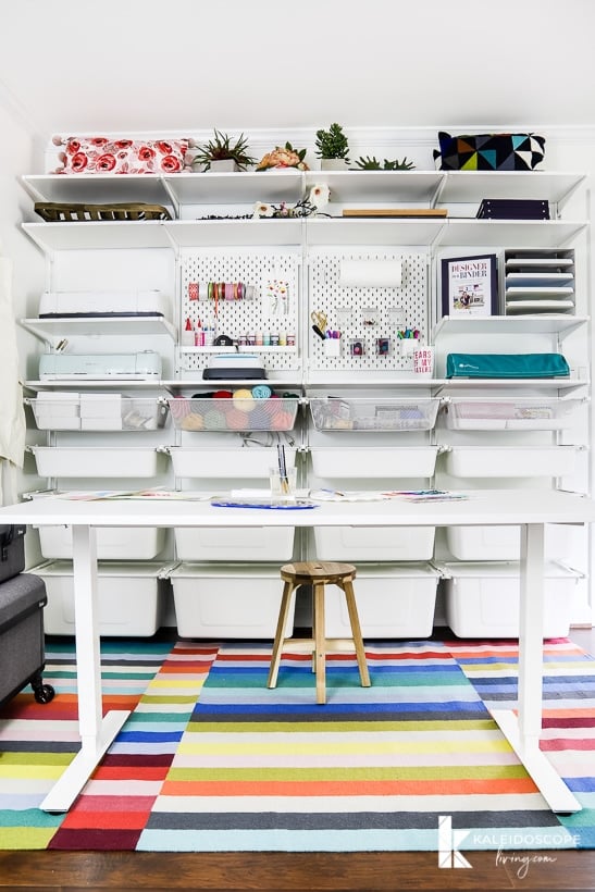 colorful craft room organization using IKEA algot system