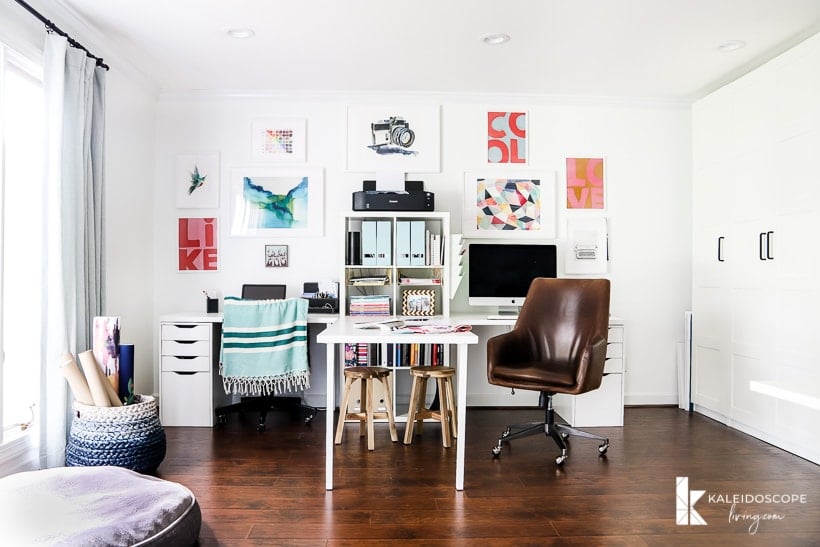 Double IKEA desk with shelves and work table