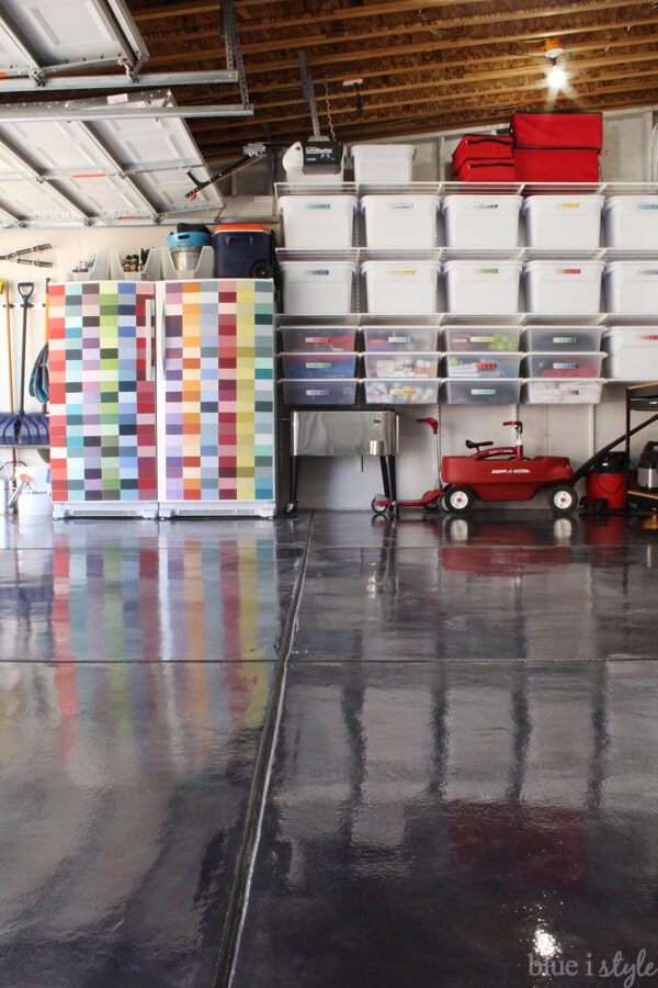 organized garage with paint chip decor