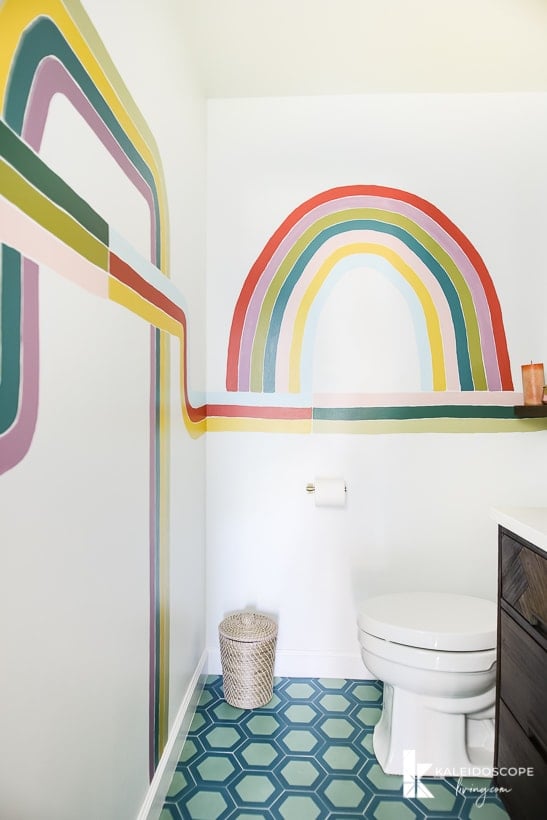 colorful mural in powder room