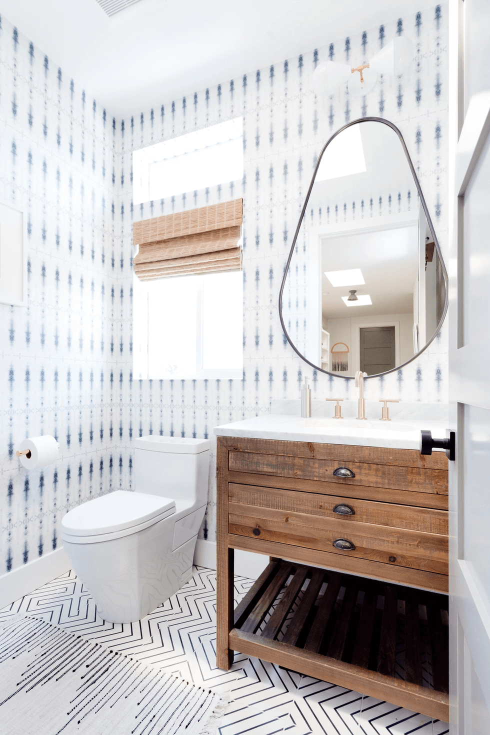 shibori wallpapered bathroom