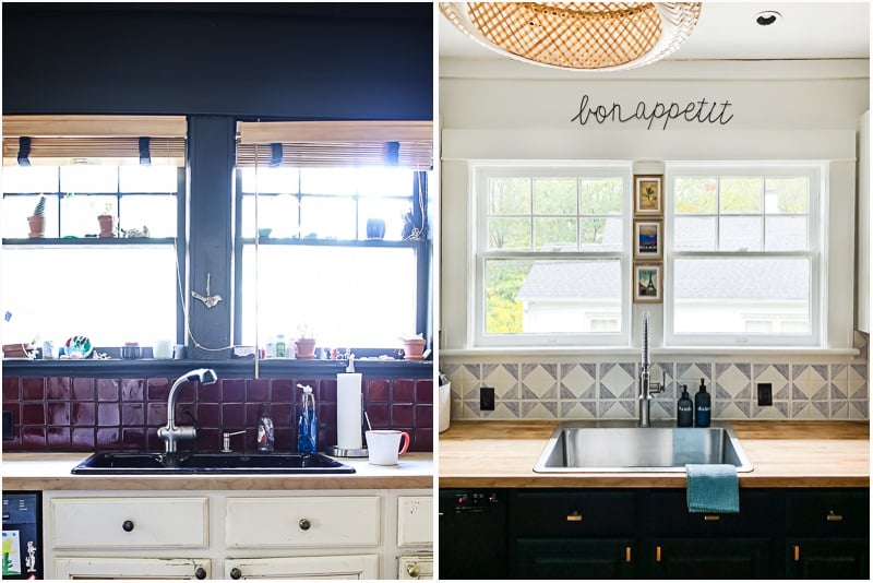 painted tile backsplash before and after by Tasha Agruso of Kaleidoscope Living