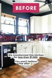 image of outdated kitchen with black walls and a red backsplash with "before" text overlay