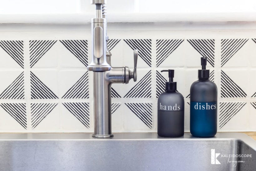 diy painted tile backsplash with geometric stencil by Tasha Agruso of Kaleidoscope Living