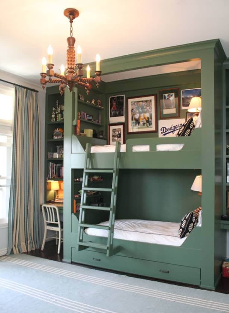 green built-in bunk beds