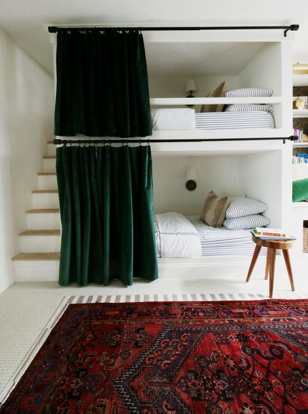 DIY bunk beds with stairs and curtains