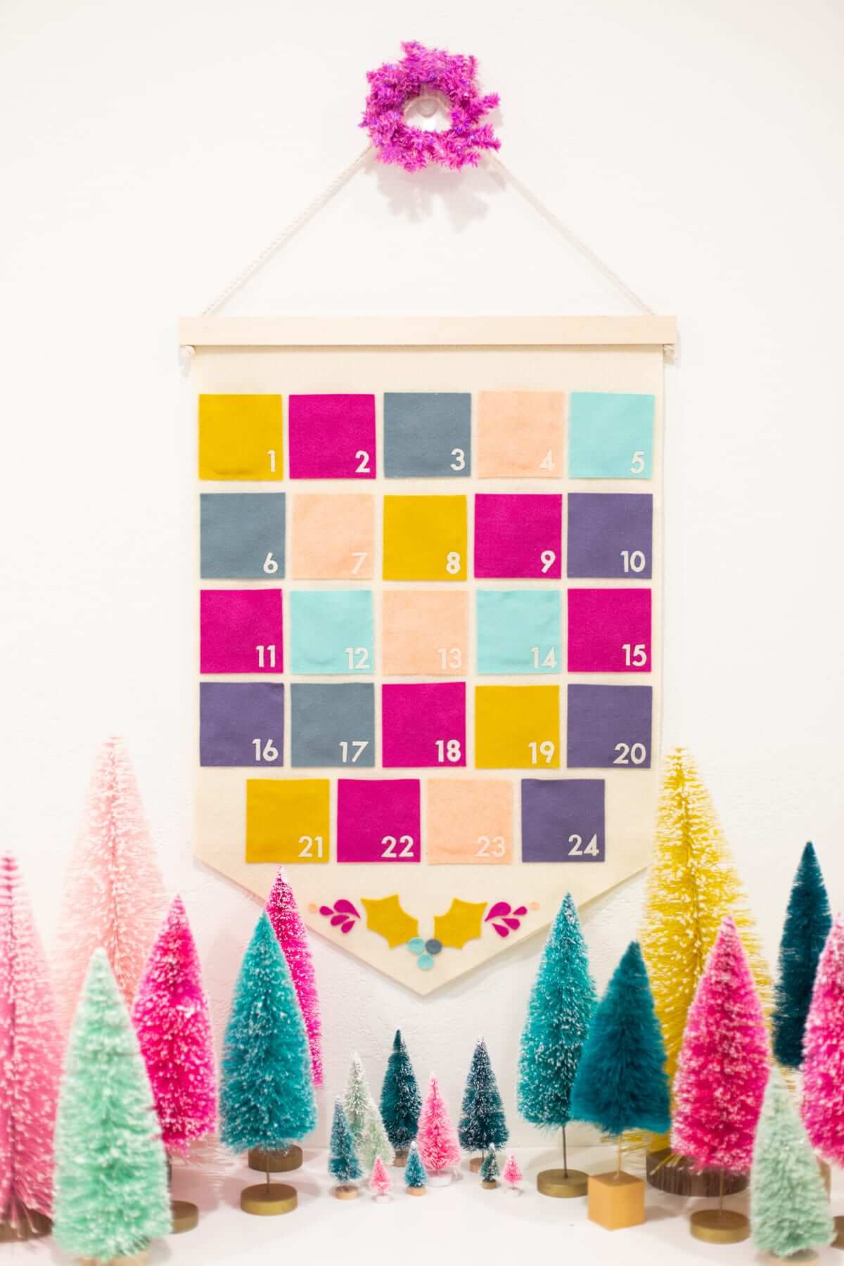 felt pocket advent calendar with bottle brush trees