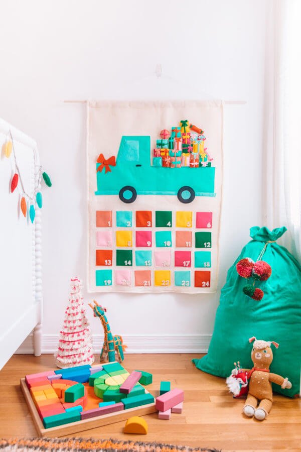 felt truck advent calendar banner with pockets