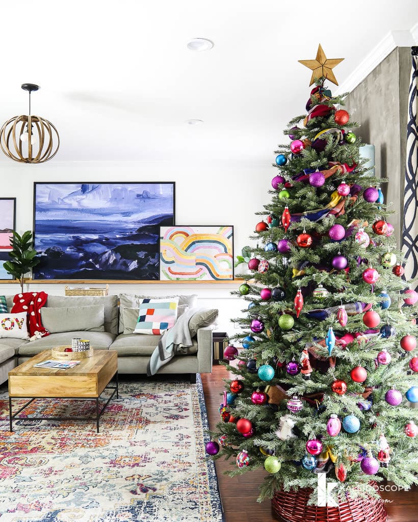 colorful Christmas tree in modern family room