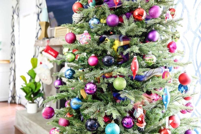 bold and bright Christmas tree with colorful ornaments