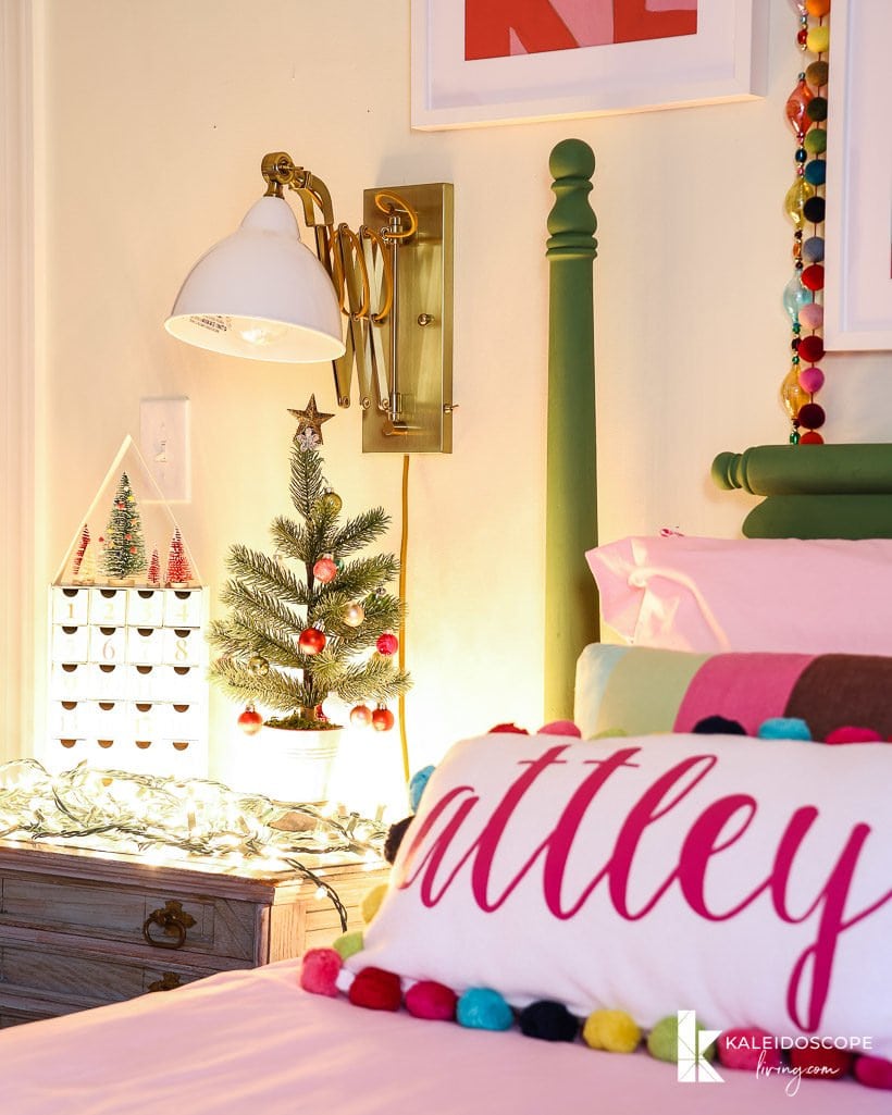 pink girl's bedroom with christmas decorations