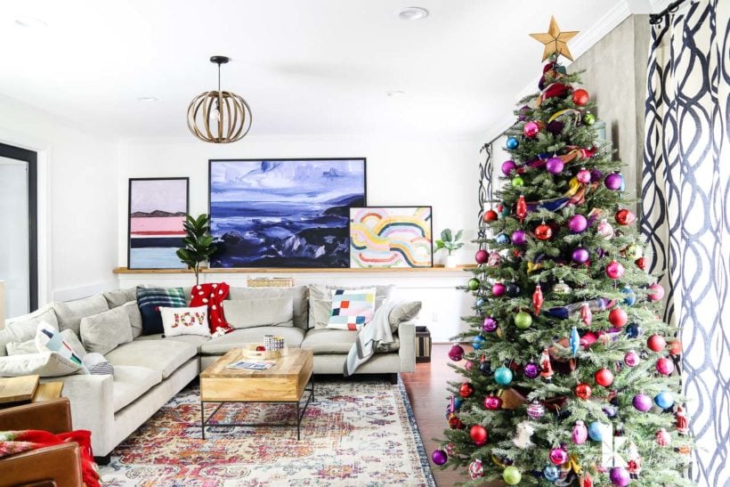 eclectic and modern family room with colorful christmas decorations