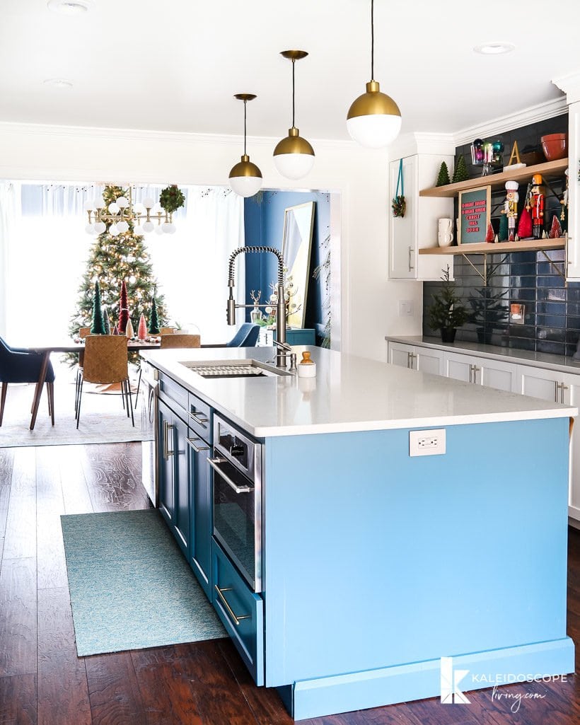 colorful kitchen decorated for Christmas