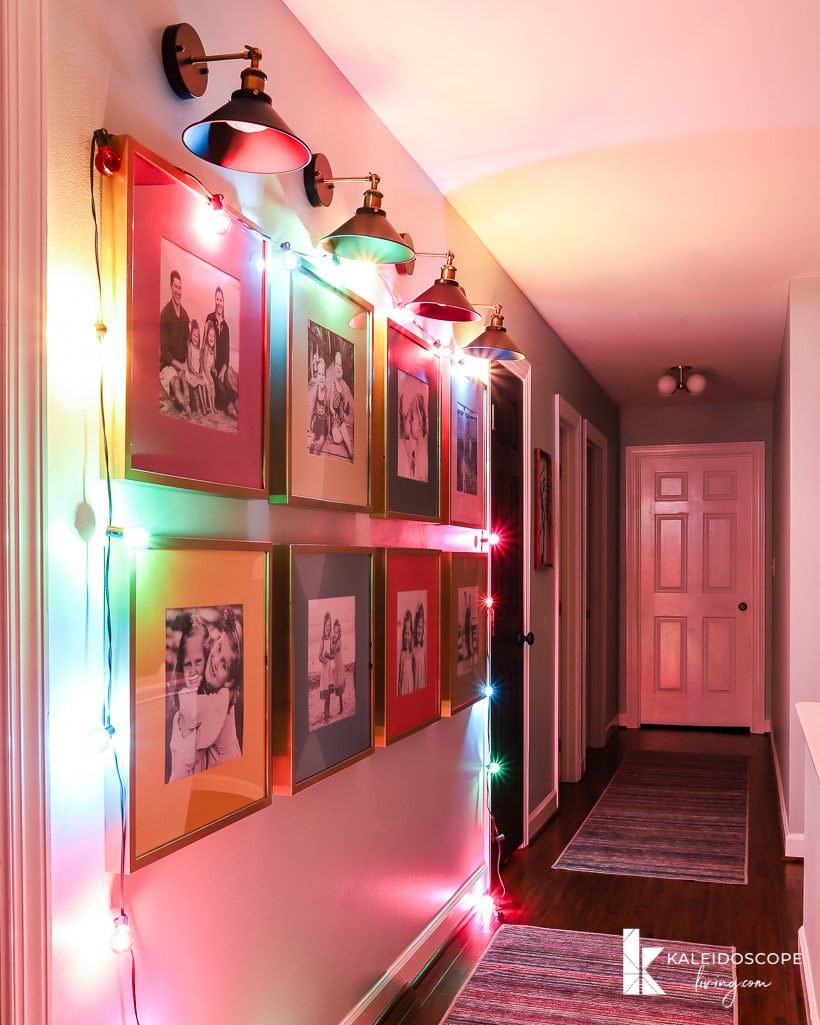 hallway with colorful christmas lights