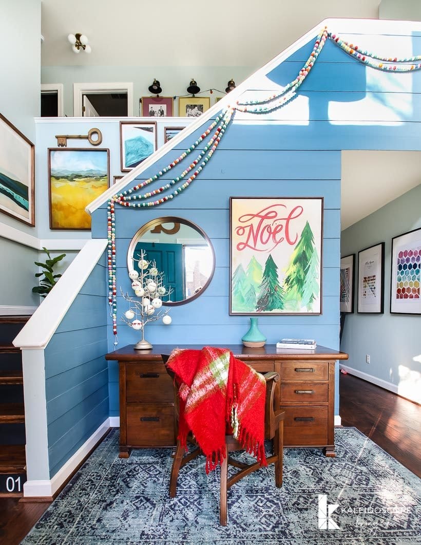 colorful foyer decorated for Christmas