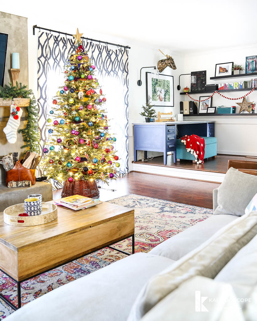 colorful christmas decor in family room