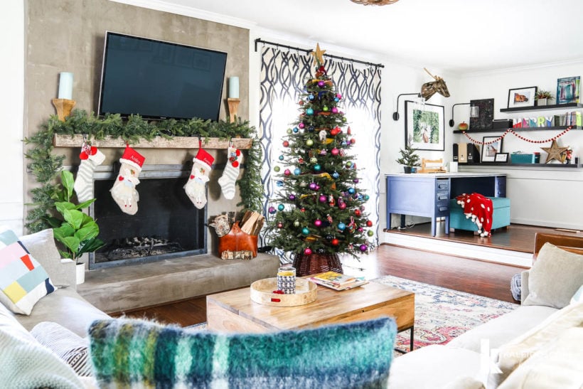family room full of colorful christmas decorations