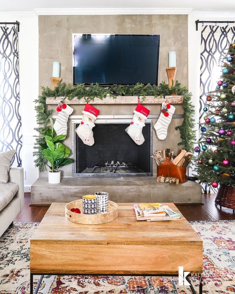 concrete fireplace decorate for christmas