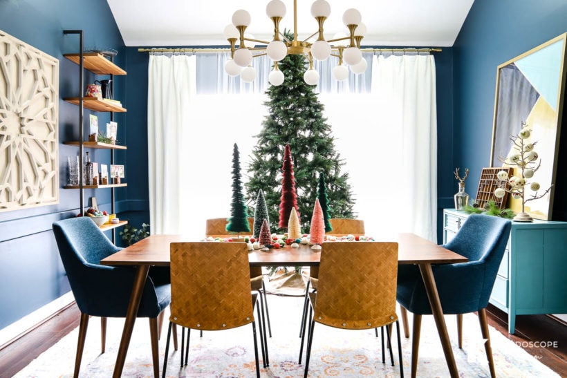 mid-century modern dining room decorated for Christmas