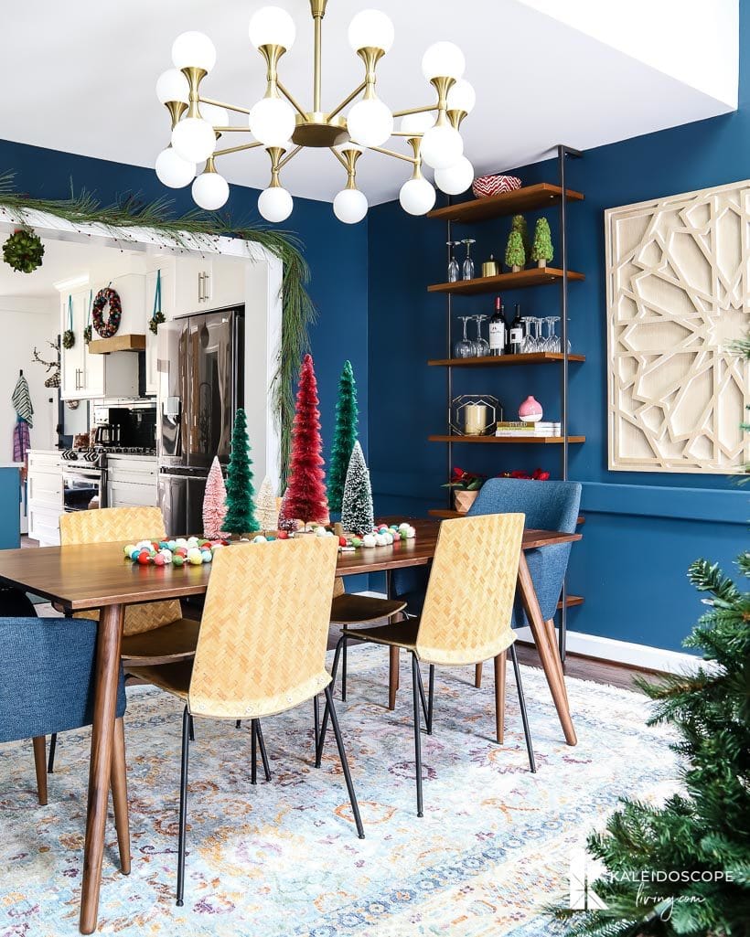 mid-century modern dining room decorated for Christmas