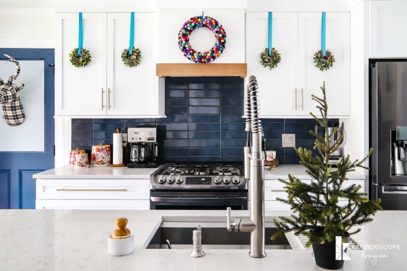colorful Christmas decorations in kitchen