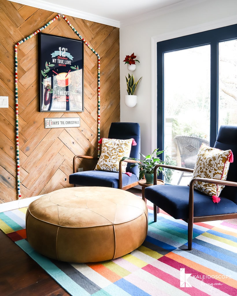 colorful seating area decorated for christmas