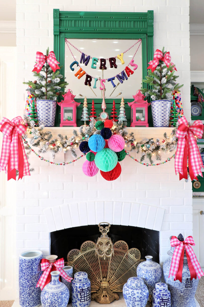 whimsical colorful Christmas mantel 