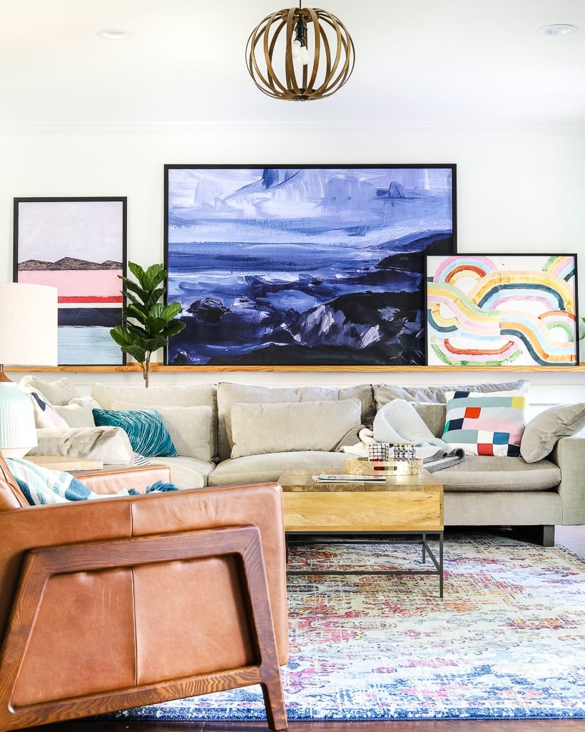 colorful living room with large art ledge