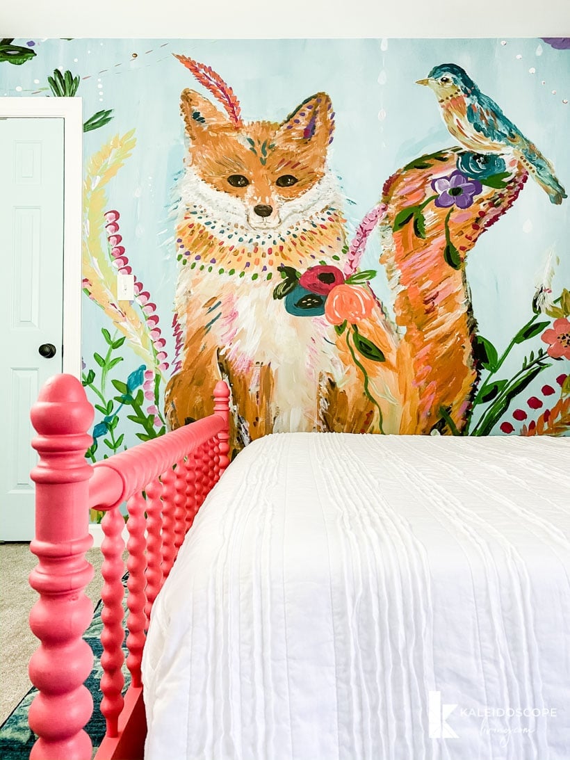 colorful fox mural accent wall in girls' bedroom