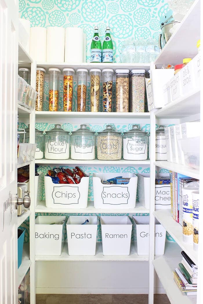 pantry organization- shelves with wallpaper