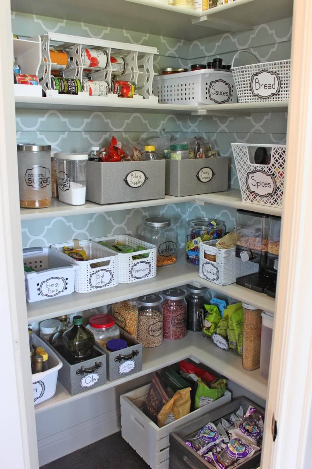 organized pantry with wallpaper