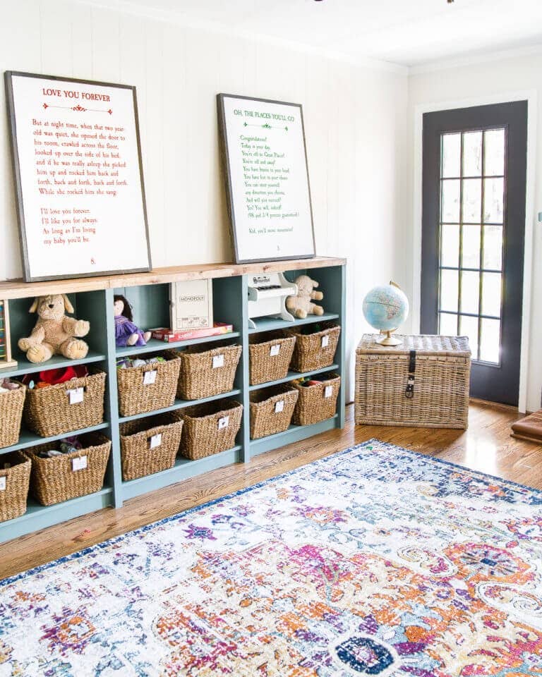 playroom with ikea bookshelf hack