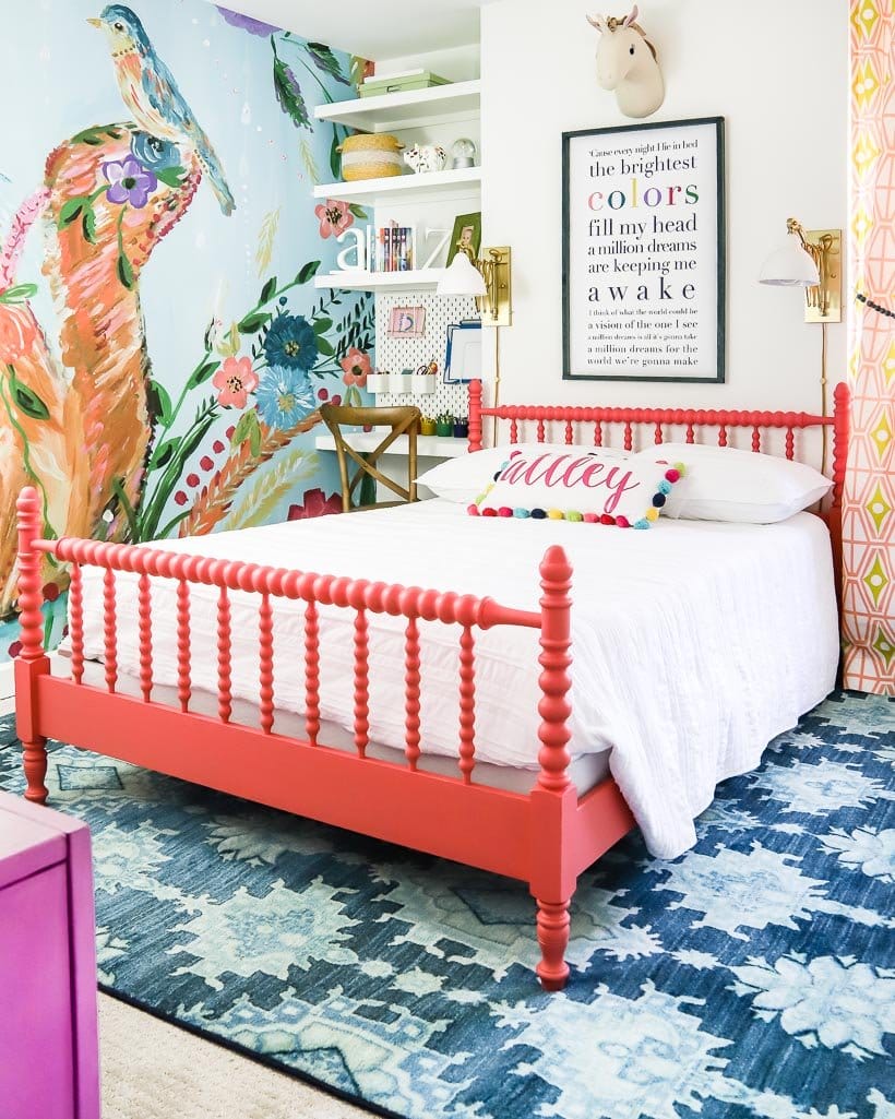 painted Jenny Lind bed and mural accent wall girl's bedroom