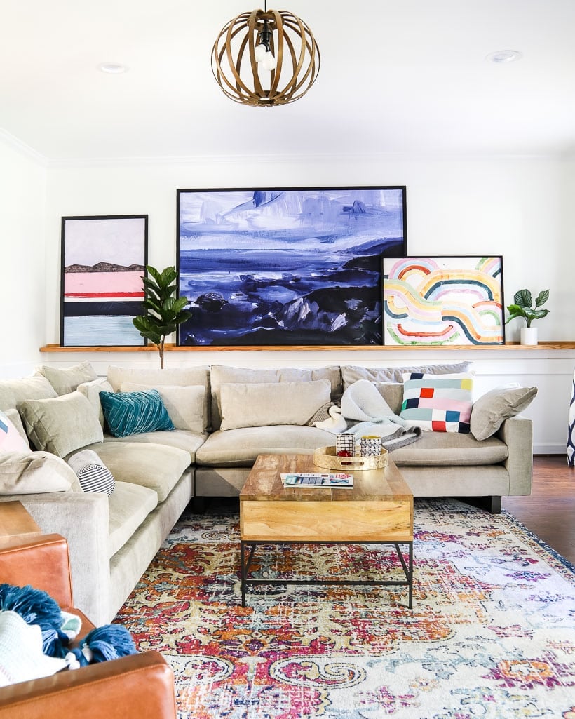 West Elm Harmony sectional sofa and colorful rug in family room of Tasha Agruso of Kaleidoscope Living