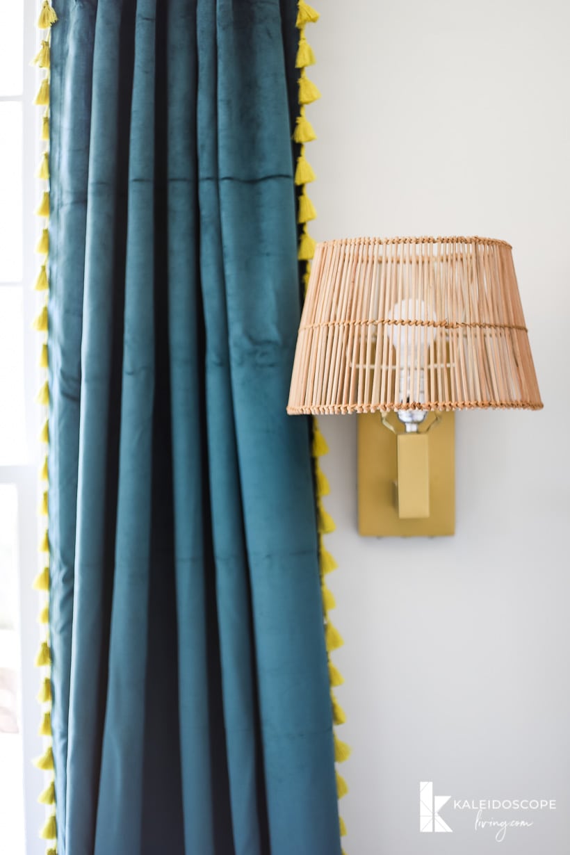 boho curtains and sconce