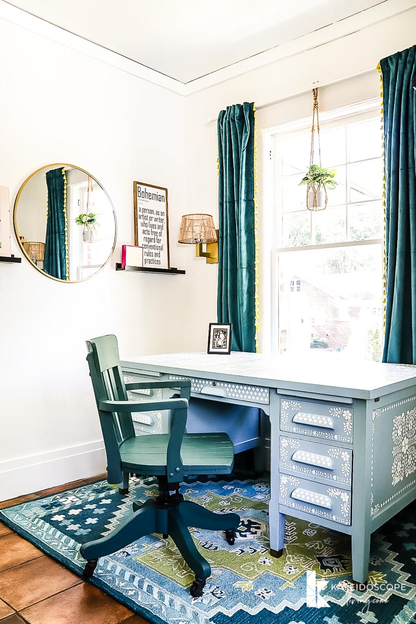 eclectic office with stenciled desk