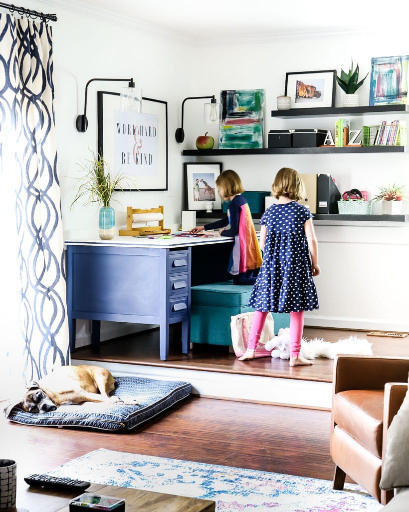 playroom in corner of family room by Tasha Agruso of Kaleidoscope Living