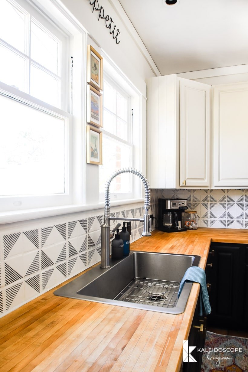 refinished butcher block countertops with metal sink