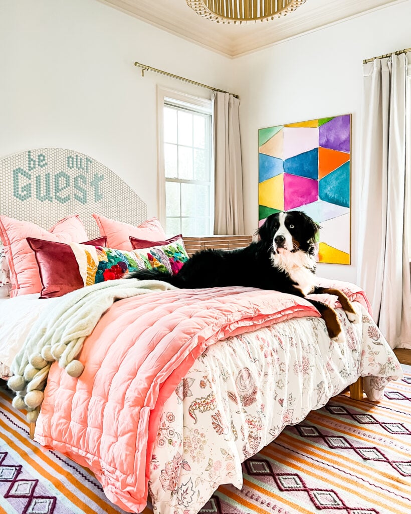 colorful bedroom with Christmas pillow