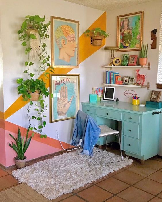 boho office space with wall mural