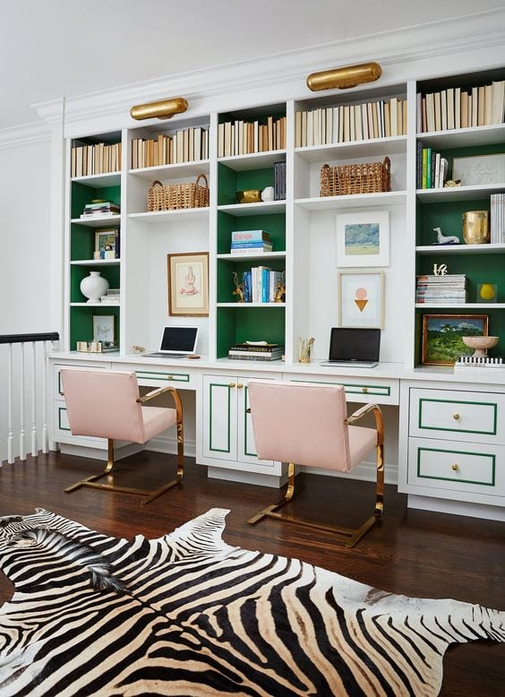 glam double office with built ins