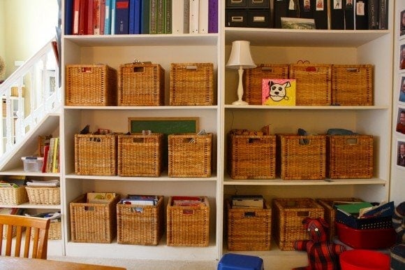 matching baskets on shelves for homeschool