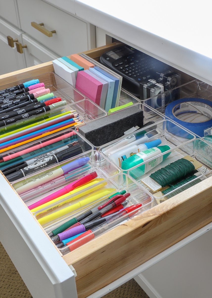 organized school supplies drawer