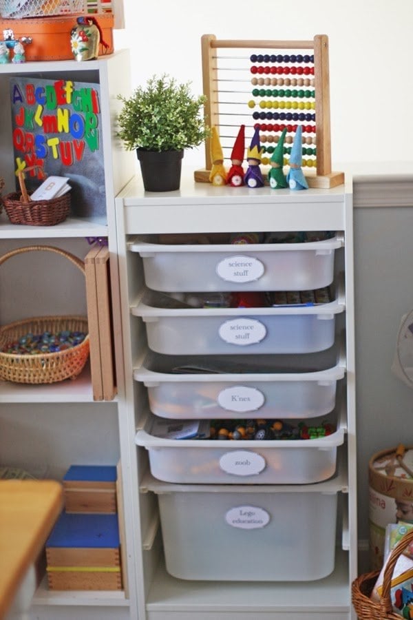 trofast bins for homeschool storage