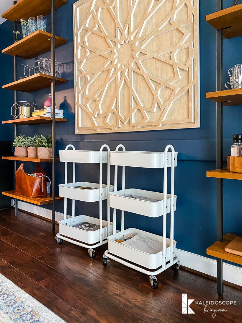 homeschool organization in dining room with carts