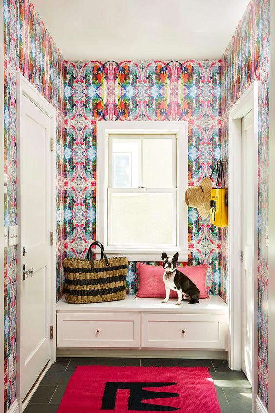 wallpapered mudroom